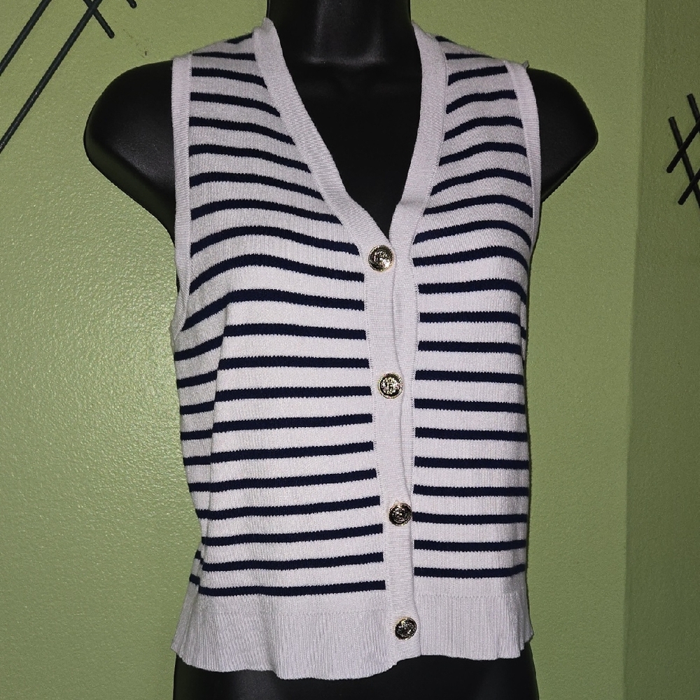 Kathy Ireland Striped Sleeveless Cardigan with Buttons